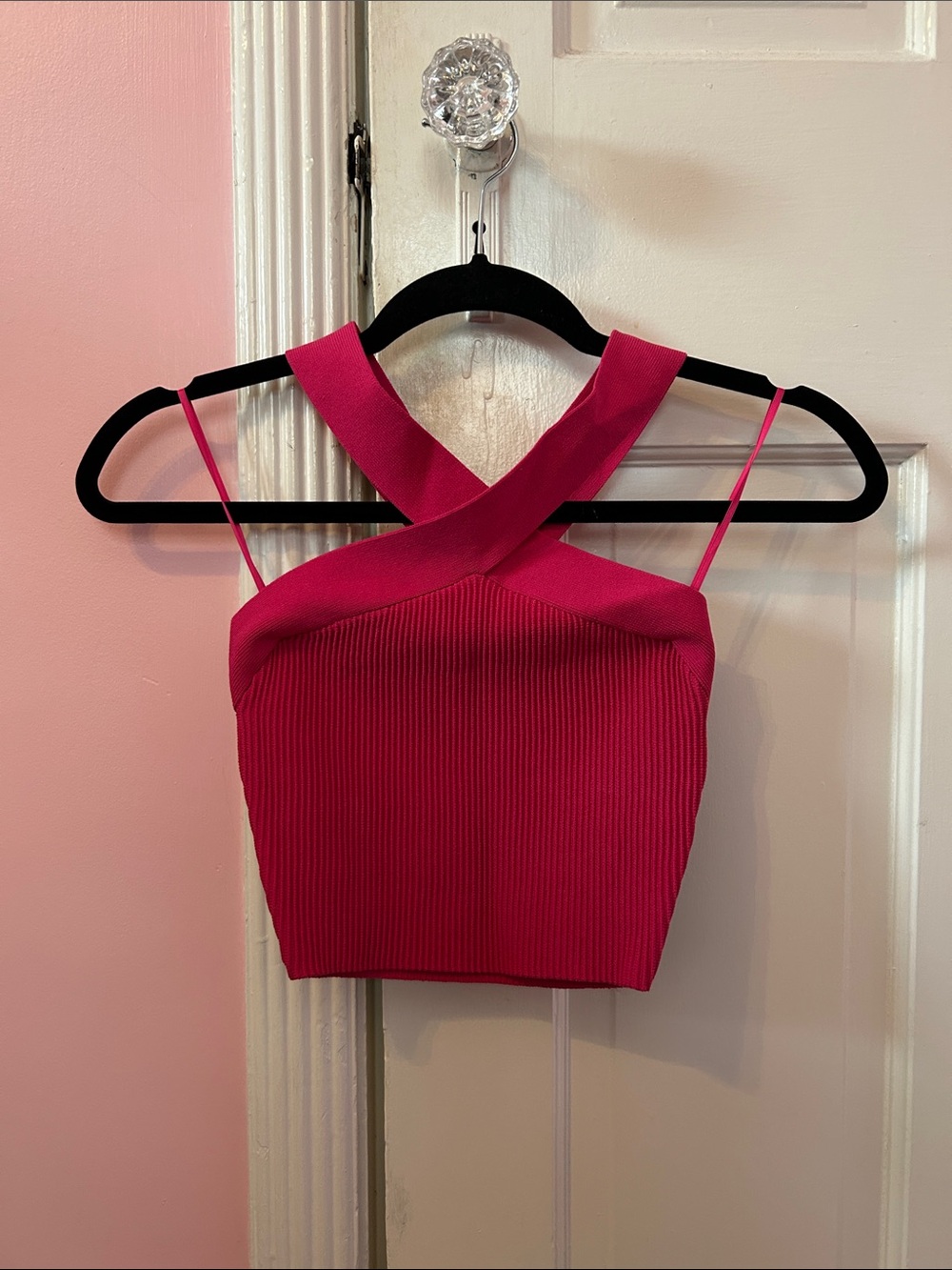 Aritzia Pink Cross-Front Ribbed Crop Top